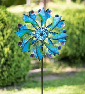 Blue and Green Dual-Rotor Metal Flower Wind Spinner