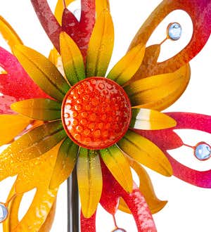 Colorful Metal Daisy Wind Spinner with Clear Glass Orbs
