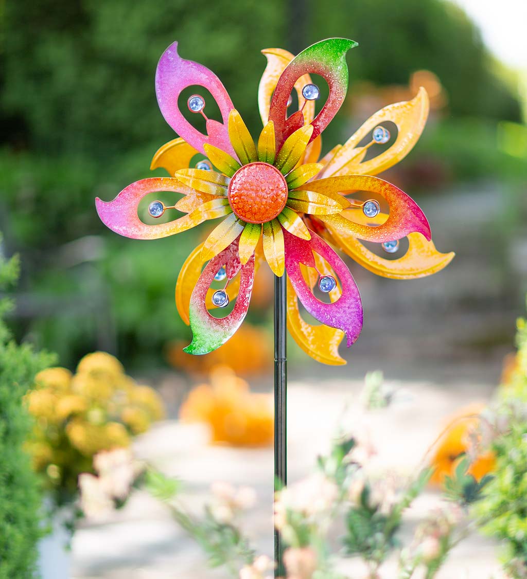 Colorful Metal Daisy Wind Spinner with Clear Glass Orbs
