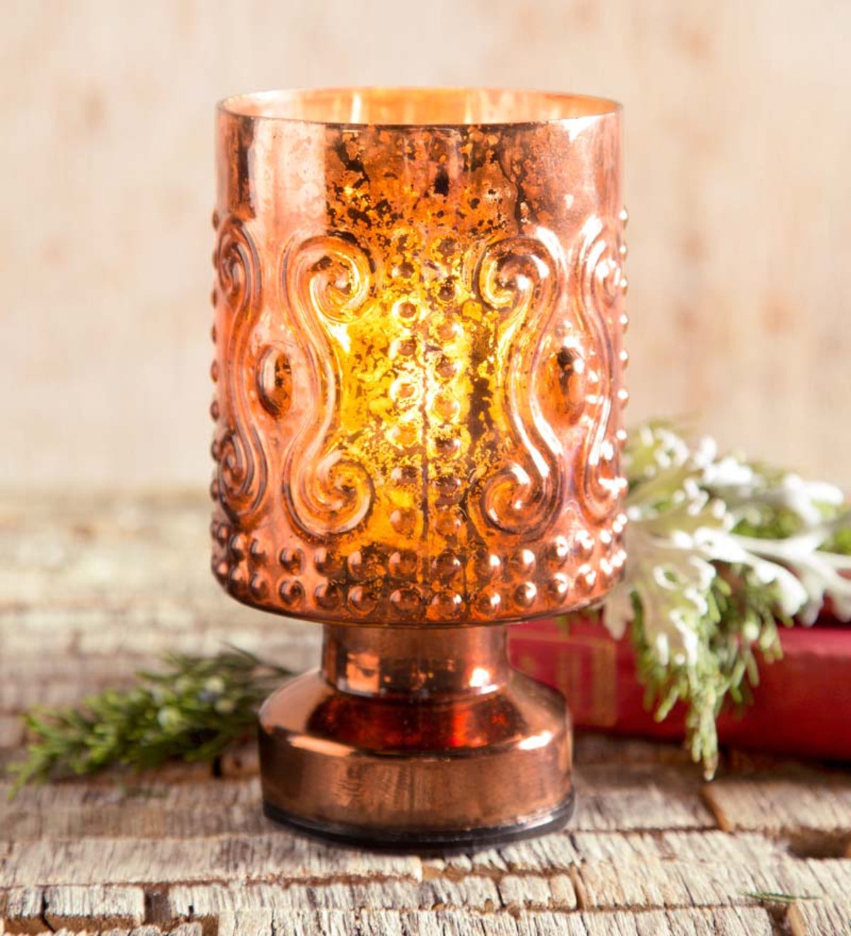 Copper Embossed Glass Hurricane with LED Light