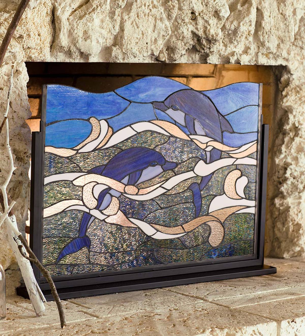 Stained Glass Dolphin Fireplace Screen