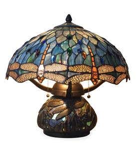 Tiffany-Style Stained Glass Table Lamp with Dragonfly Motif and Metal Base