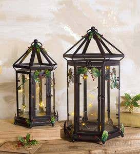 Metal and Glass Holly Lanterns, Set of 2