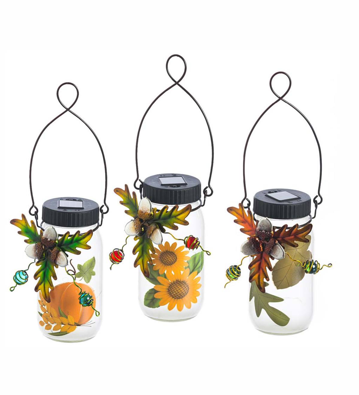Solar Jar Lanterns with Fall Foliage, Set of 3