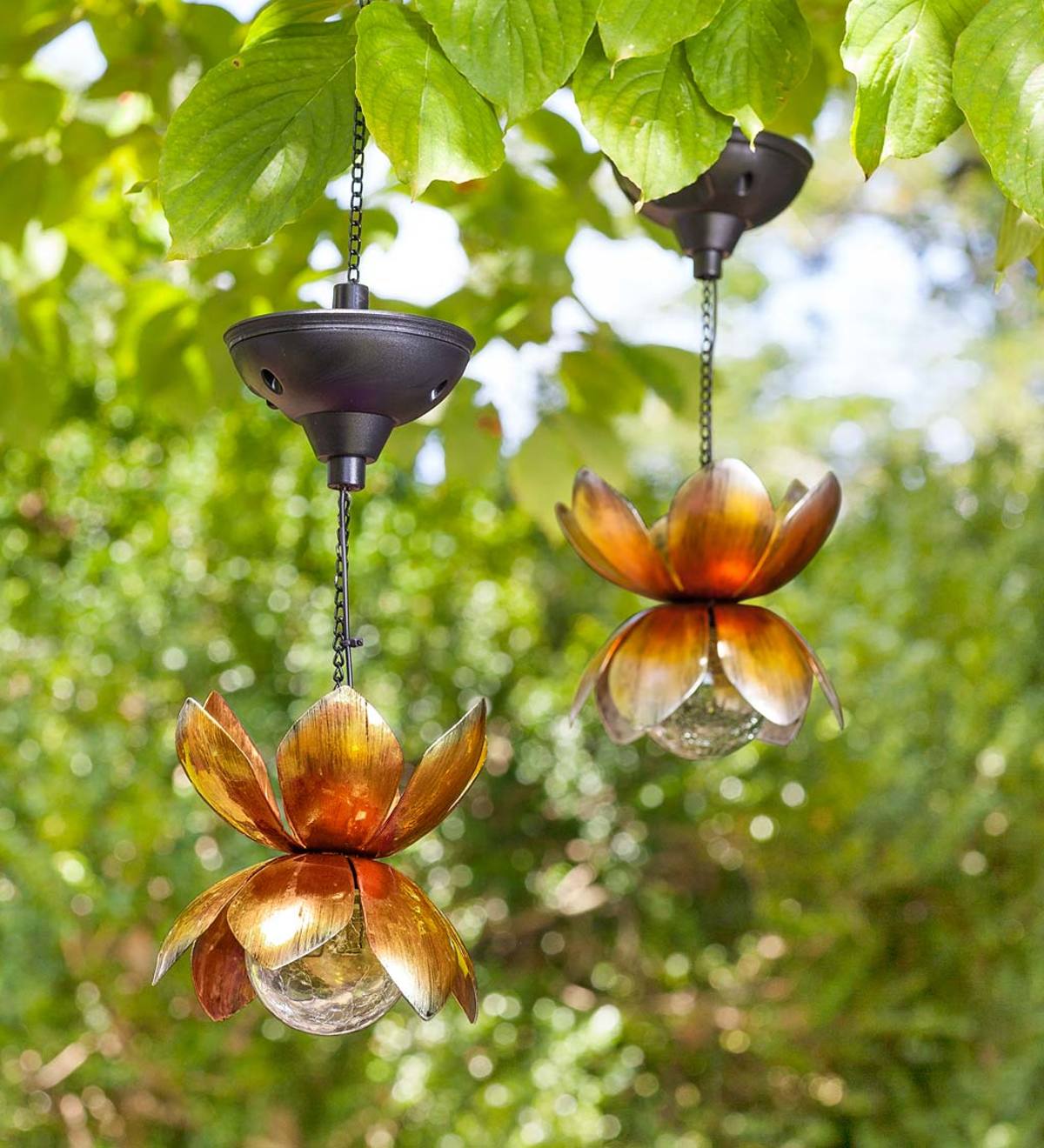 Hanging Metal Lotus Solar Lights, Set of 2