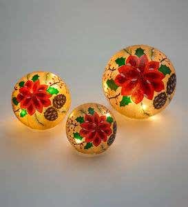 Lighted Glass Poinsettia Holiday Globes, Set of 3
