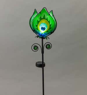Solar Lighted Metal and Glass Flower Garden Stake - Green