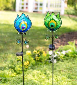 Solar Lighted Metal and Glass Flower Garden Stake - Green