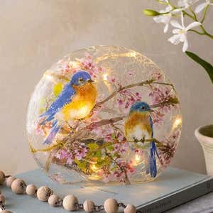 Lighted Bluebirds on Redbud Branches Crackled Glass Tabletop Art