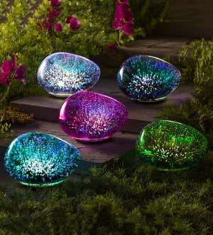 Lighted Art Glass Decorative Glowing Garden Rocks - Silver