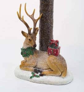 Solar Lighted Lamppost with Wreath, Deer and Presents Dusted with Snow