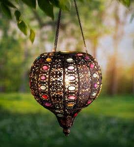 Small Hanging Metal Solar Lantern with 132 Colorful Faux Jewels