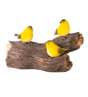 Solar Lighted Yellow Finches on a Log Garden Sculpture