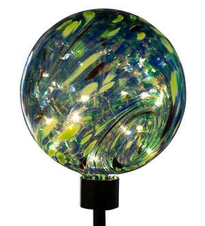 Dark Blue Glowing Glass Solar-Lighted Orb on Metal Stake