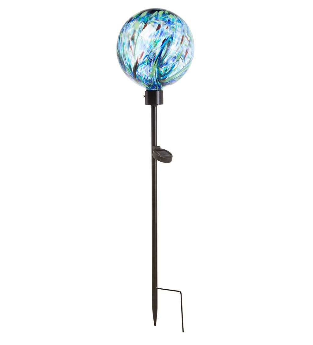 Dark Blue Glowing Glass Solar-Lighted Orb on Metal Stake
