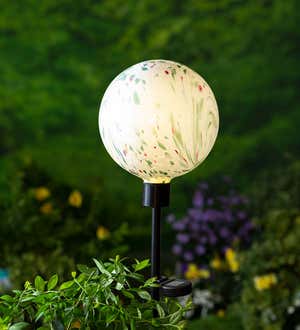 Light Blue Glowing Glass Solar-Lighted Orb on Metal Stake