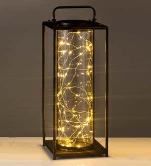 Medium Black Metal and Glass Solar-Powered Firefly Lantern with Handle - Black