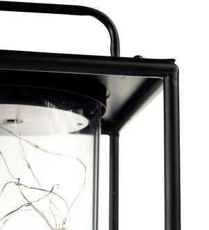 Large Black Metal and Glass Solar-Powered Firefly Lantern with Handle - Black