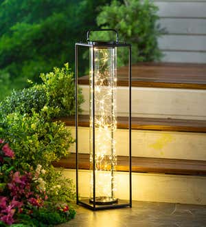 Large Black Metal and Glass Solar-Powered Firefly Lantern with Handle - Black