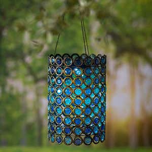 Hanging Metal Solar-Powered Lantern with Blue Acrylic Beads