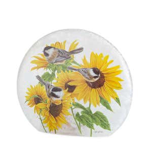 Lighted Sunflowers and Chickadees Frosted Glass Tabletop Art