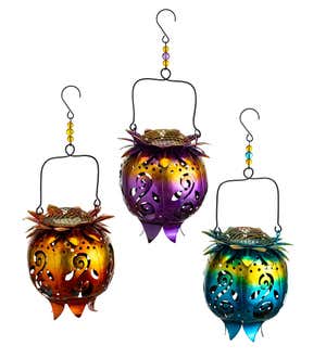 Colorful Hanging Metal Solar Flower Lanterns, Set of 3