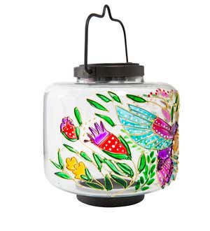 Solar-Powered Glass Lantern with Painted Hummingbird and Flowers