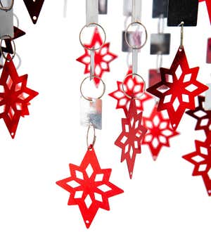 Silver Mirrored Outdoor Chandelier with Red Metal Snowflakes and Solar-Powered Lights