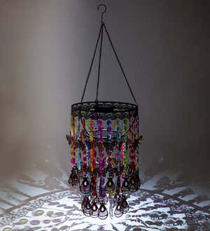 Colorful Beaded Solar-Powered Metal Chandelier with Weathered Copper-Colored Butterflies