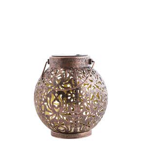 Hanging or Tabletop Bronze-Colored Metal Solar Lantern with Intricate Cut-out Shapes