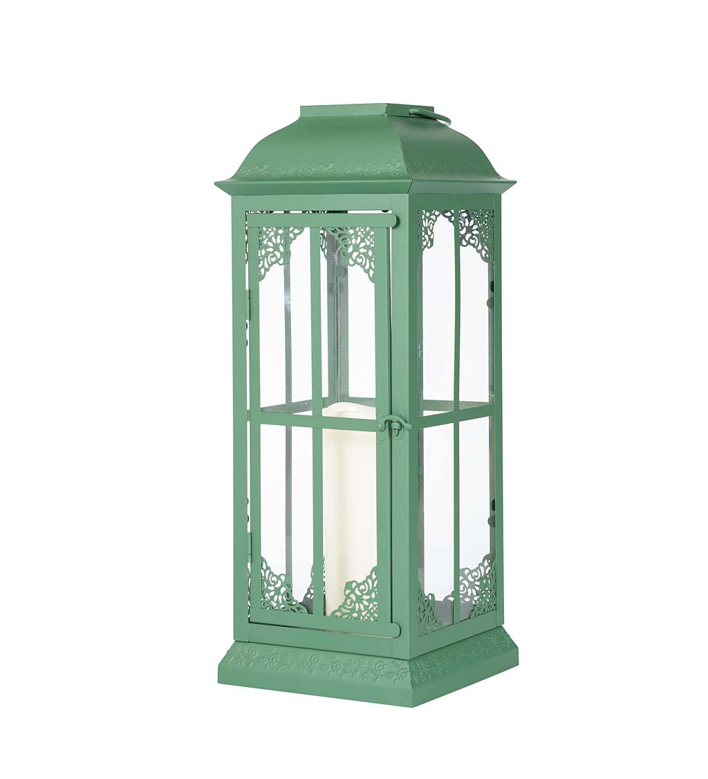 20-Inch Decorative Green Lantern with Solar Candle
