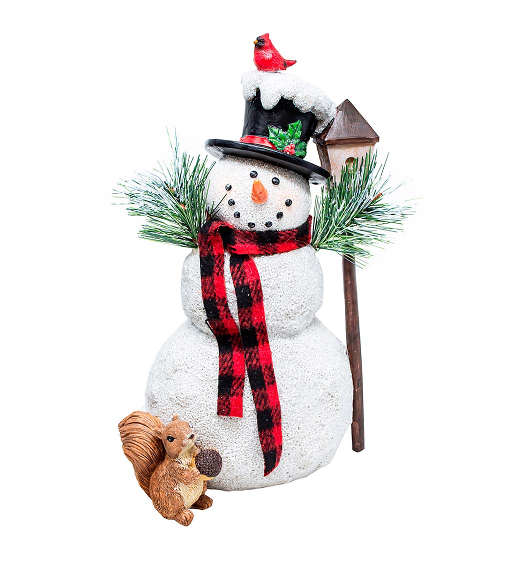 Happy Snowman with Squirrel and Birdhouse Statue