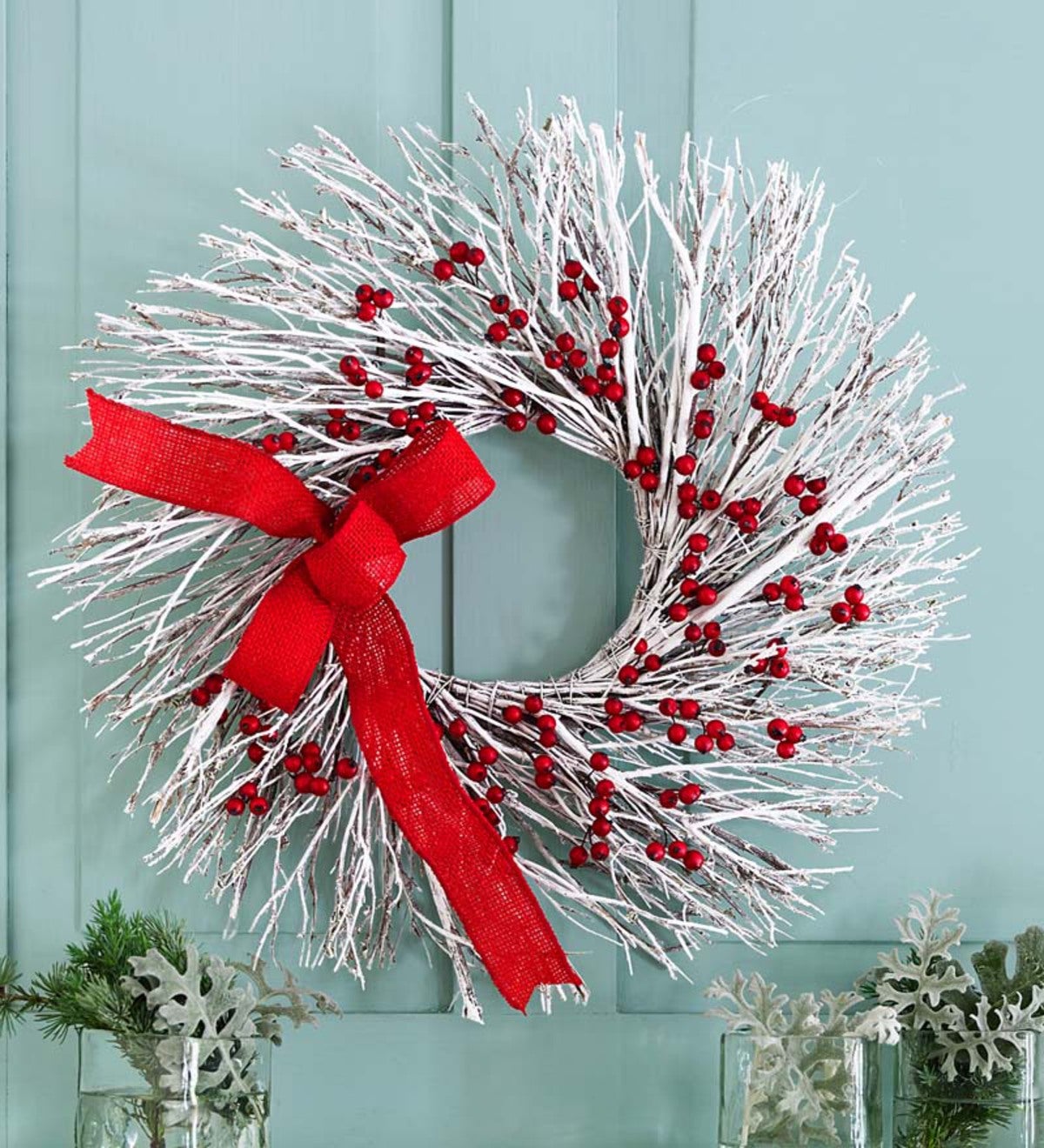 White Twig Indoor Holiday Wreath with Holly Berries