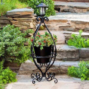 Black Wrought Iron Plant Stand with Solar Light