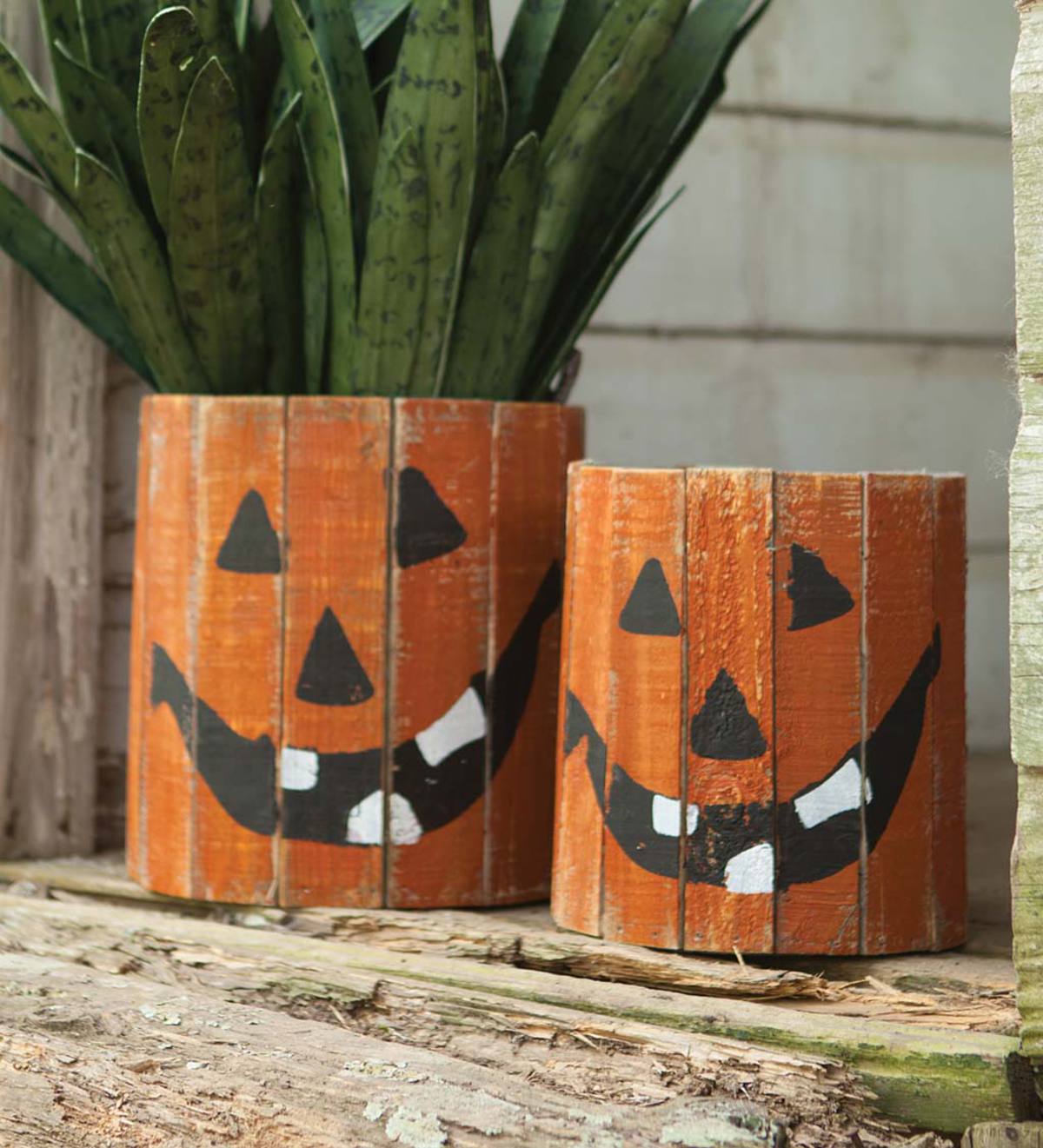 Wooden Jack-o’-Lantern Planters, Set of 2