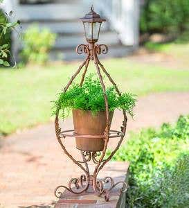 Antiqued Wrought Iron Plant Stand with Solar Light