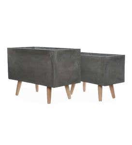 Clay Planters on Wooden Legs, Set of 2 - Light Gray