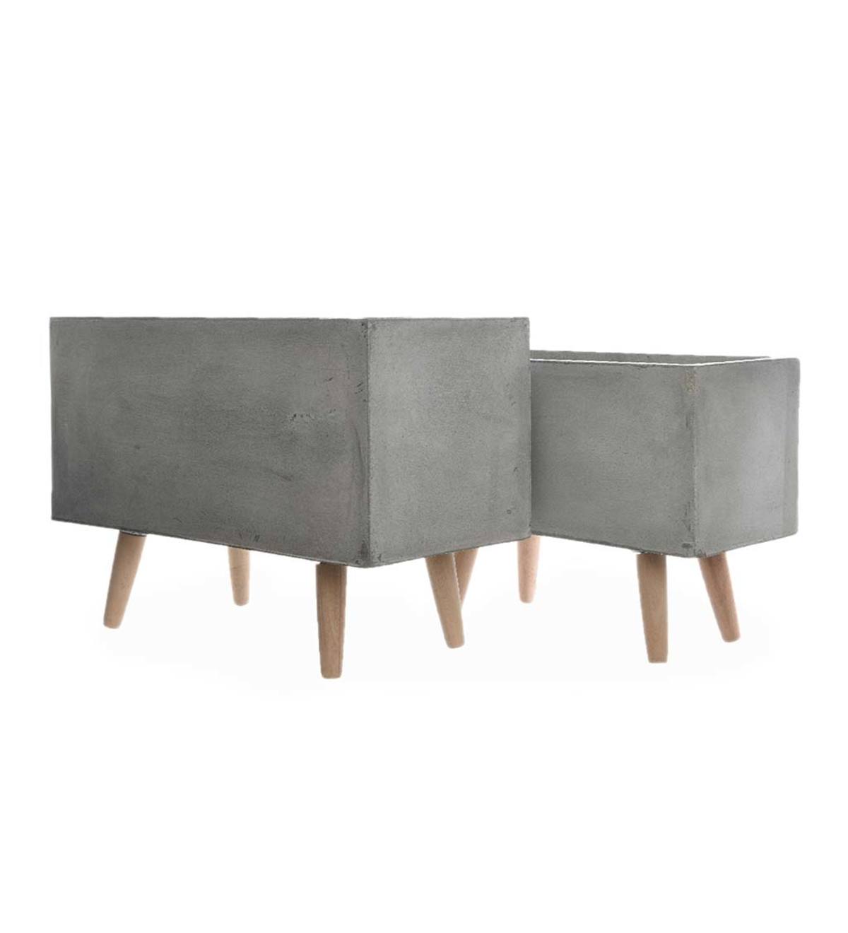 Clay Planters on Wooden Legs, Set of 2 - Light Gray