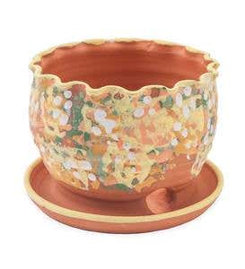 Handcrafted Scalloped Terra Cotta Flower Pot with Basin - Periwinkle