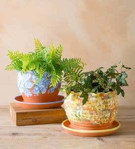 Handcrafted Scalloped Terra Cotta Flower Pot with Basin - Periwinkle