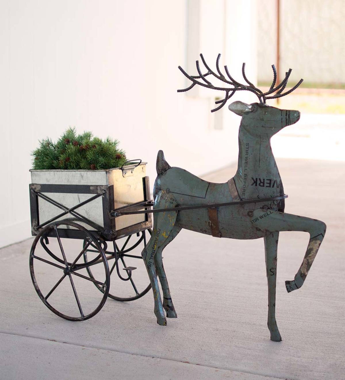 Recycled Metal Deer with Cart Planter