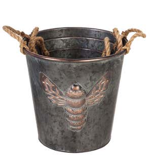 Antiqued Metal Bucket Planter with Embossed Bee Design and Rope Handles, Set of 3
