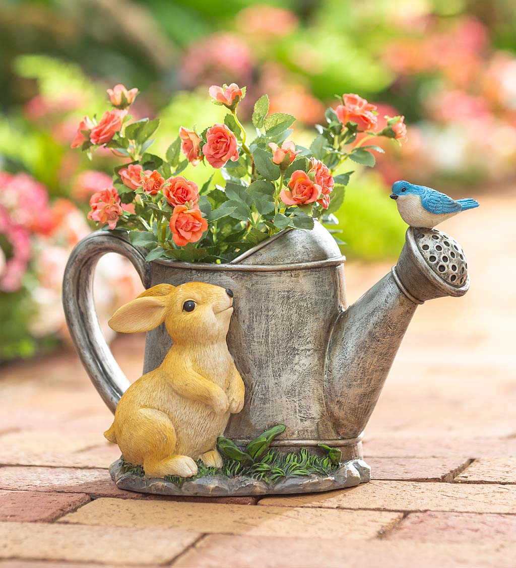 Resin Watering Can Planter with Visiting Bunny and Bluebird
