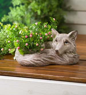 Resting Fox Planter With Look of Carved Stone Accented with "Moss" Patches