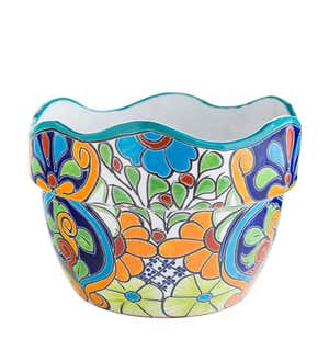 Handcrafted Talavera-Style Clay Planter With Fluted Rim
