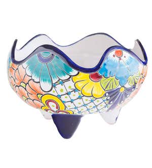 Handcrafted Talavera-Style Tabletop Bowl Planter With Wavy Rim and Three Molded Feet