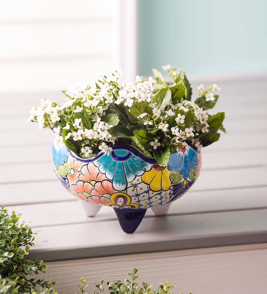 Handcrafted Talavera-Style Tabletop Bowl Planter With Wavy Rim and Three Molded Feet