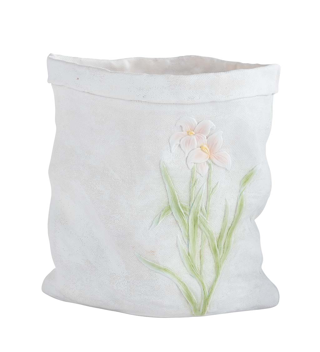Weather-Resistant Resin Rumpled Bag Planter with Iris Design - Pink Flowers