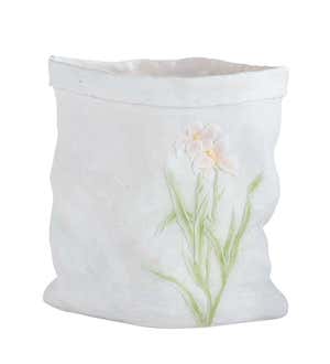 Weather-Resistant Resin Rumpled Bag Planter with Iris Design - Pink Flowers