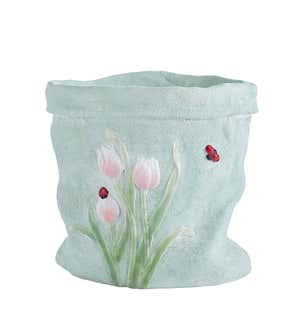 Weather-Resistant Resin Rumpled Bag Planter with Tulip Design - Pink